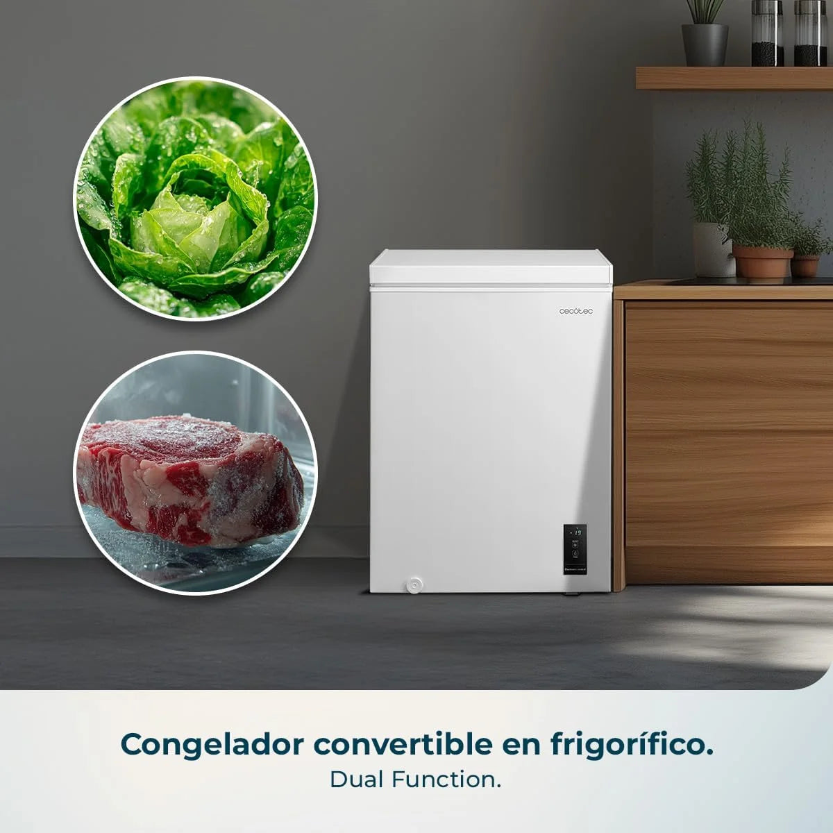 Cecotec Congelador Horizontal 143L Bolero CoolMarket Chest 143P Branco E. Cesto com Alças, Controlo Eletrónico LED, UltraContact D-Cool, Função Dupla, Porta ZeroG (80º-30º), Congelação Rápida, Compacto