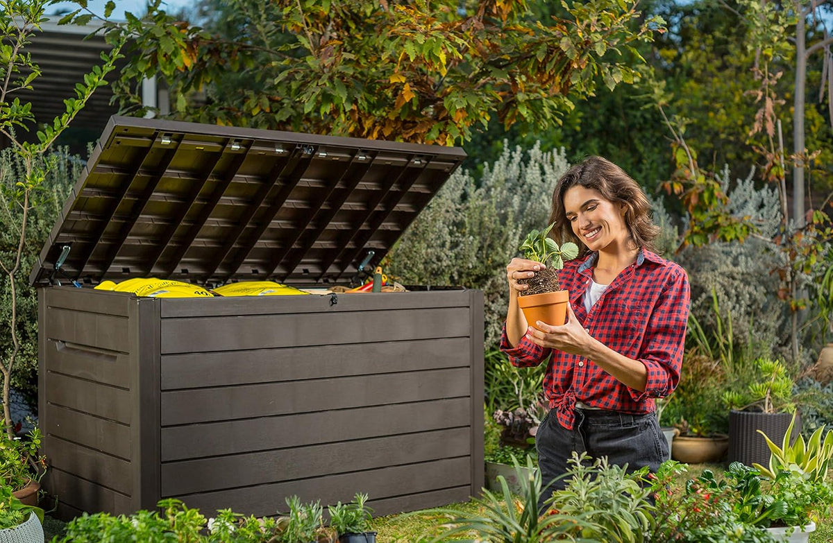 Keter Ontario - Baú de armazenamento externo, Capacidade 870L, Resina, Cor Marrom, Organização de jardim e terraço, 147 x 83 x 86 cm