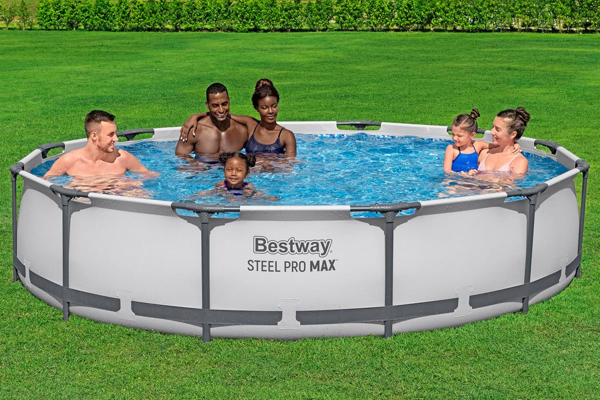 Bestway Steel Pro MAX Frame - Conjunto de Piscina com Bomba de Filtro, 366 x 76 cm de Diâmetro, Cinza Claro, Redondo