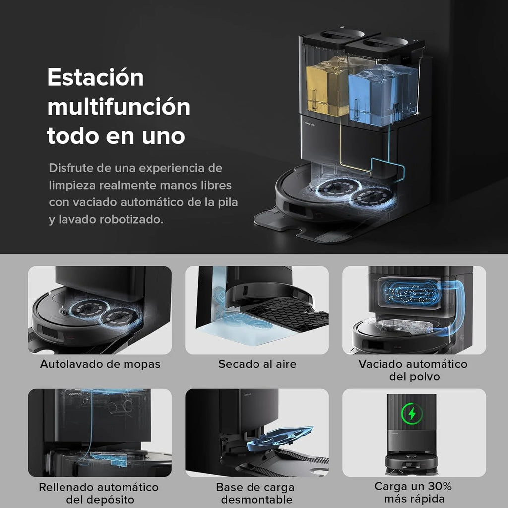 roborock Robô Aspirador Q Revo Master, 8000Pa de Sucção, Duas Esfregonas Giratórias e Eleváveis, Escovas Anti-emaranhamento, Tecnologia Reativa para Evitar Obstáculos, Navegação e Mapeamento, Preto