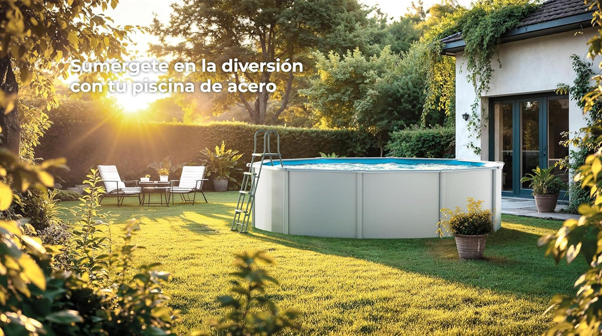 Piscina Elevada de Aço Redonda com Acabamento em Aço Branco. Piscinas Desmontáveis para Jardim 350 x 120 cm - Piscina Gre KIT350ECO Fidji.