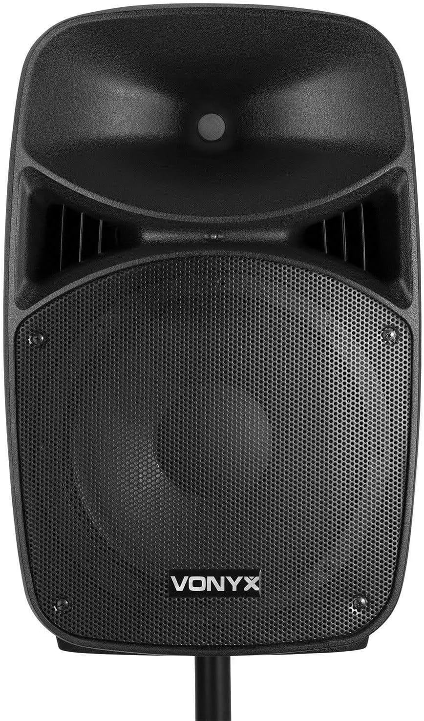 Caixas de Som Ativas Vonyx VPS152A Pacote com 2, 1000W, Portáteis, Ativas/Passivas com Bluetooth, 15 Polegadas, Microfone com Fio, Controle Remoto, Tripés, MP3 Player com USB/SD, LEDs