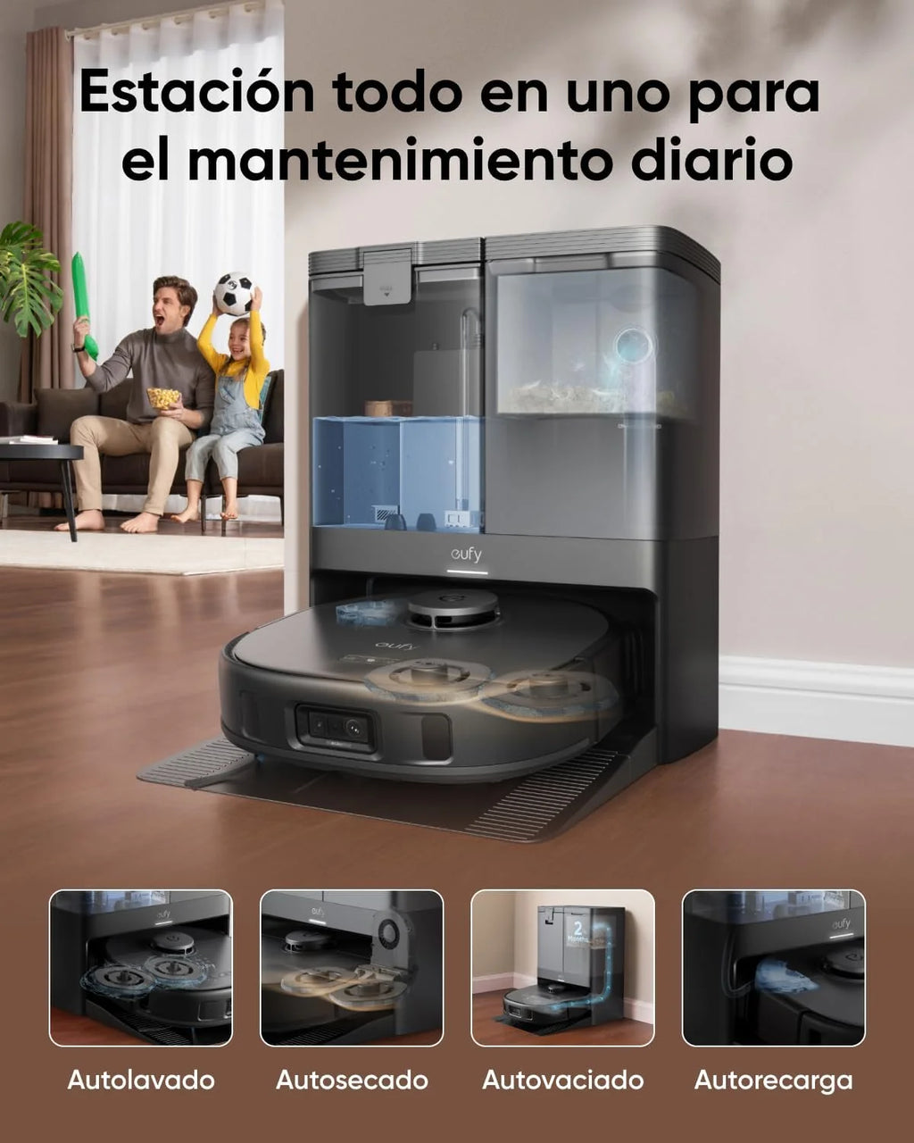 Aspirador Robô eufy X10 Pro Omni com Estação de Esvaziamento Automático e Panos Giratórios, Esfregão Duplo com Elevação Automática de 12 mm, Detecção de Tapetes, Anticolisão AI, Lavagem e Secagem Automática, Preto