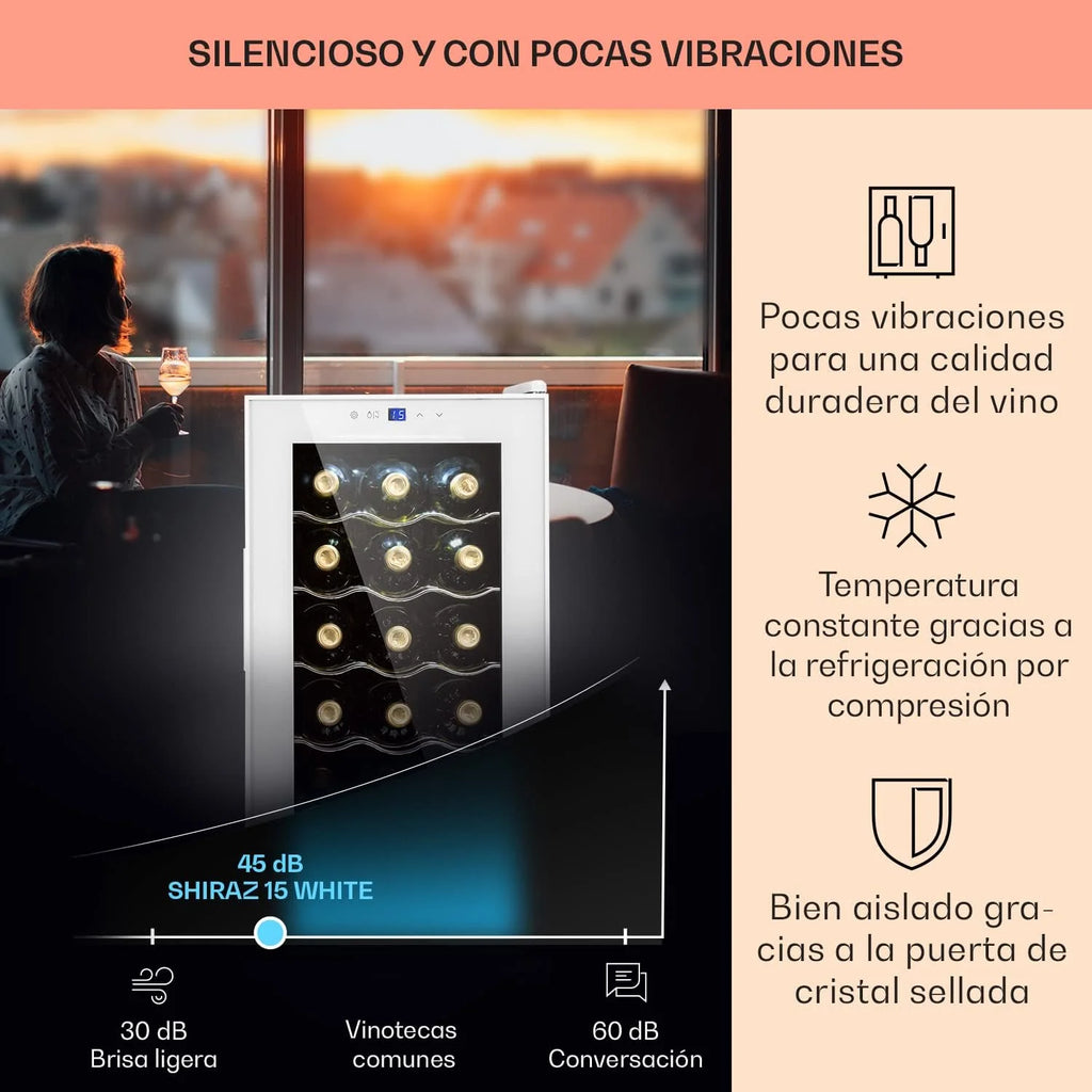 KLARSTEIN Vinoteca para Vinhos 44L Frigorífico para Vinhos Uma Zona, Garrafas de Vinho, Prosecco e Cervejas, Vinoteca Pequena Porta de Vidro para Interior e Exterior, Frigorífico para Vinhos Capacidade 15 Garrafas