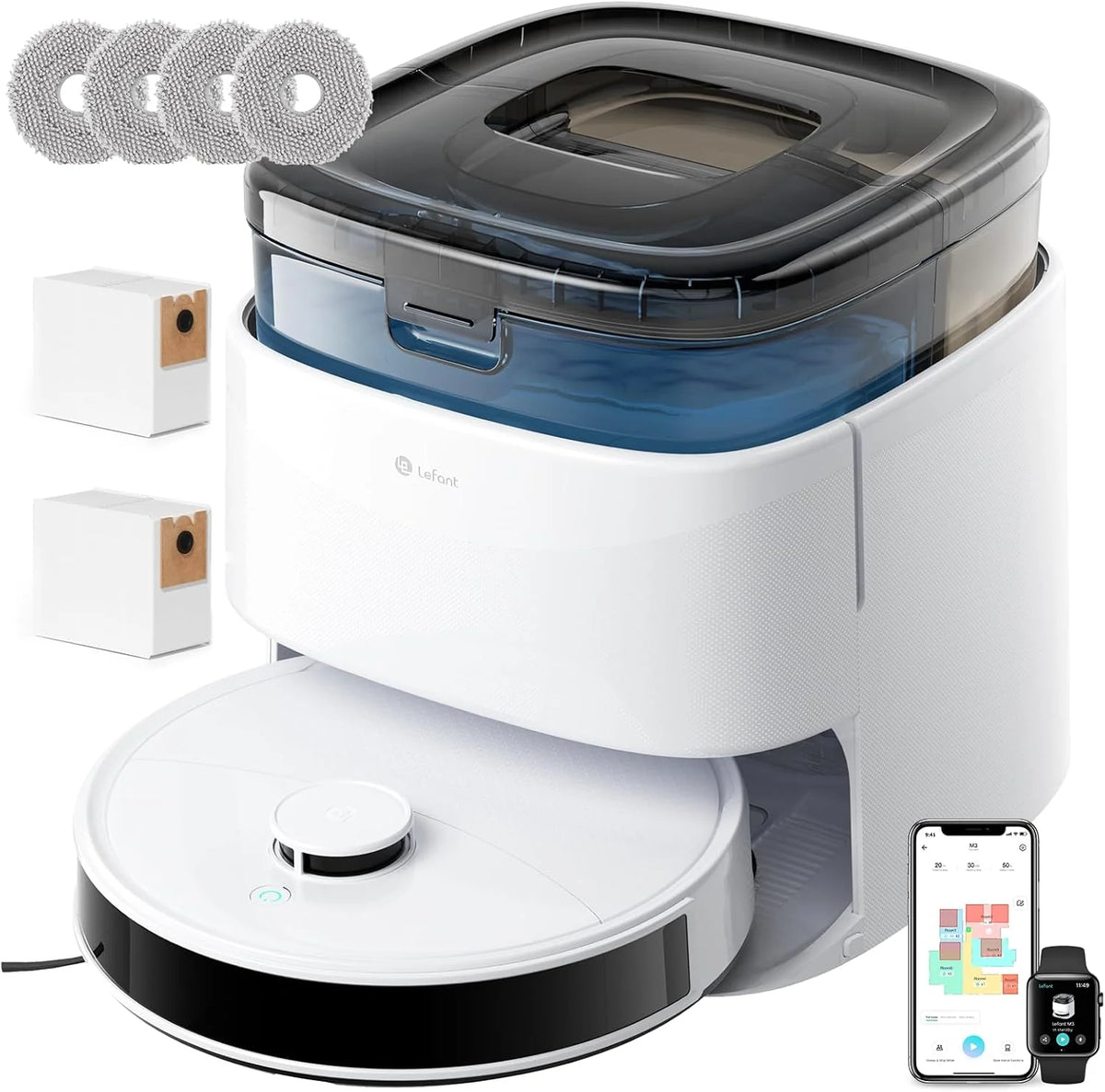 Lefant M3 Robô Aspirador e Passa Pano com Base de Esvaziamento Automático, Navegação a Laser dToF, Mapeamento Inteligente, Evitamento de Obstáculos PSD 190°, 12000Pa, Autonomia 220mins, WiFi/Alexa/APP/i Watch, 2,4G & 5G