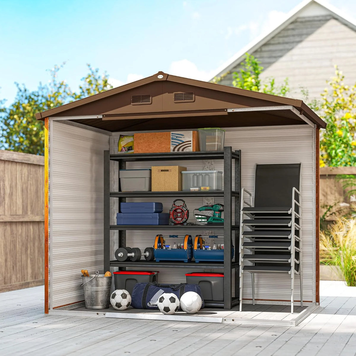 Outsunny Abrigo de Jardim Exterior 3 m² 235,7x152x208,7 cm Abrigo de Jardim Exterior Metálico com 2 Portas Deslizantes e 4 Janelas para Armazenamento de Ferramentas Efeito Madeira Natural e Café