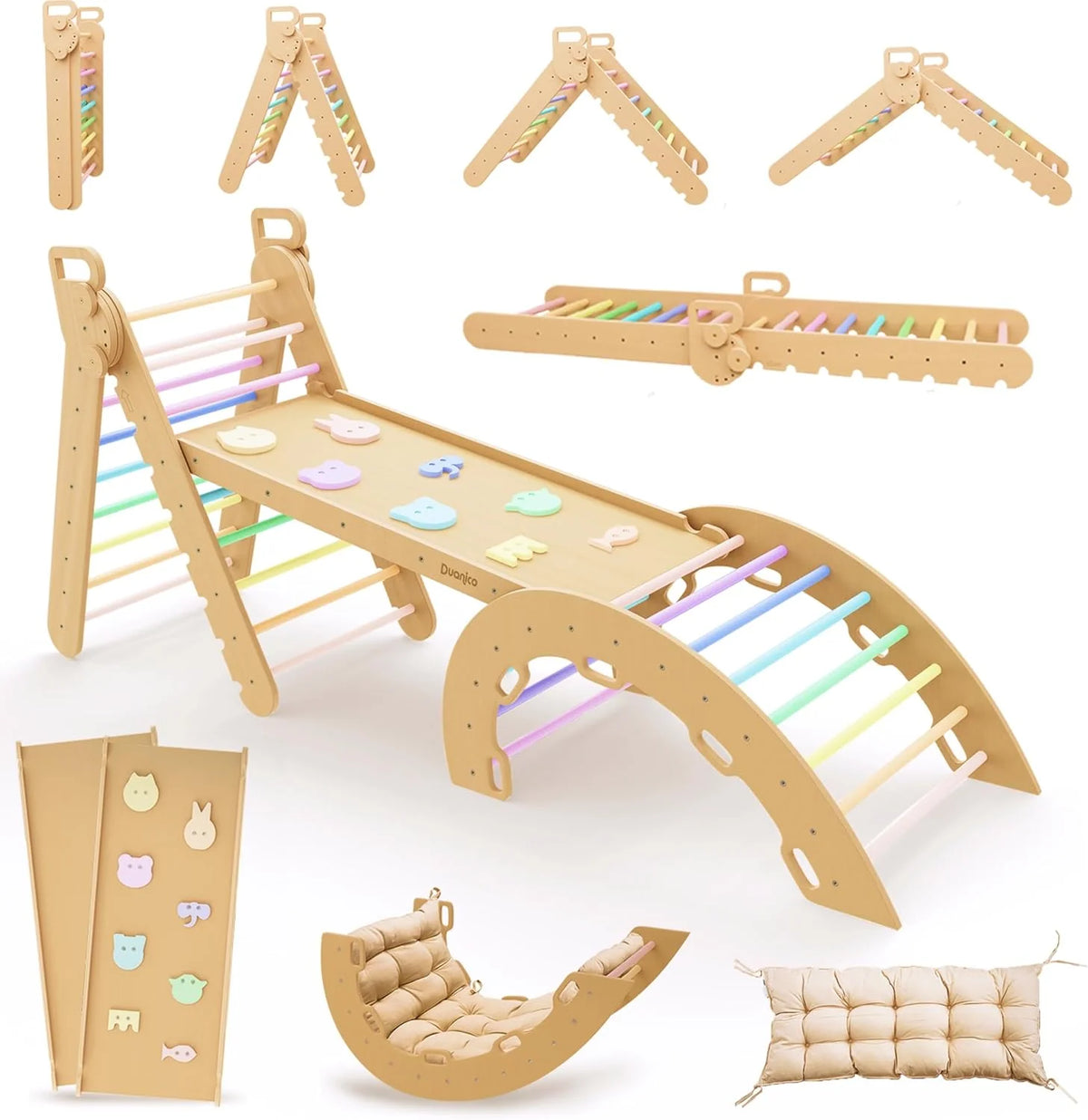 9 em 1 Triângulo Pikler Montessori Grande de 1 a 7+ anos, 5 Ângulos Ajustáveis, Parque Infantil Interno e Externo em Madeira para Escalada com Arco Pikler e Rampa Pikler para Crianças