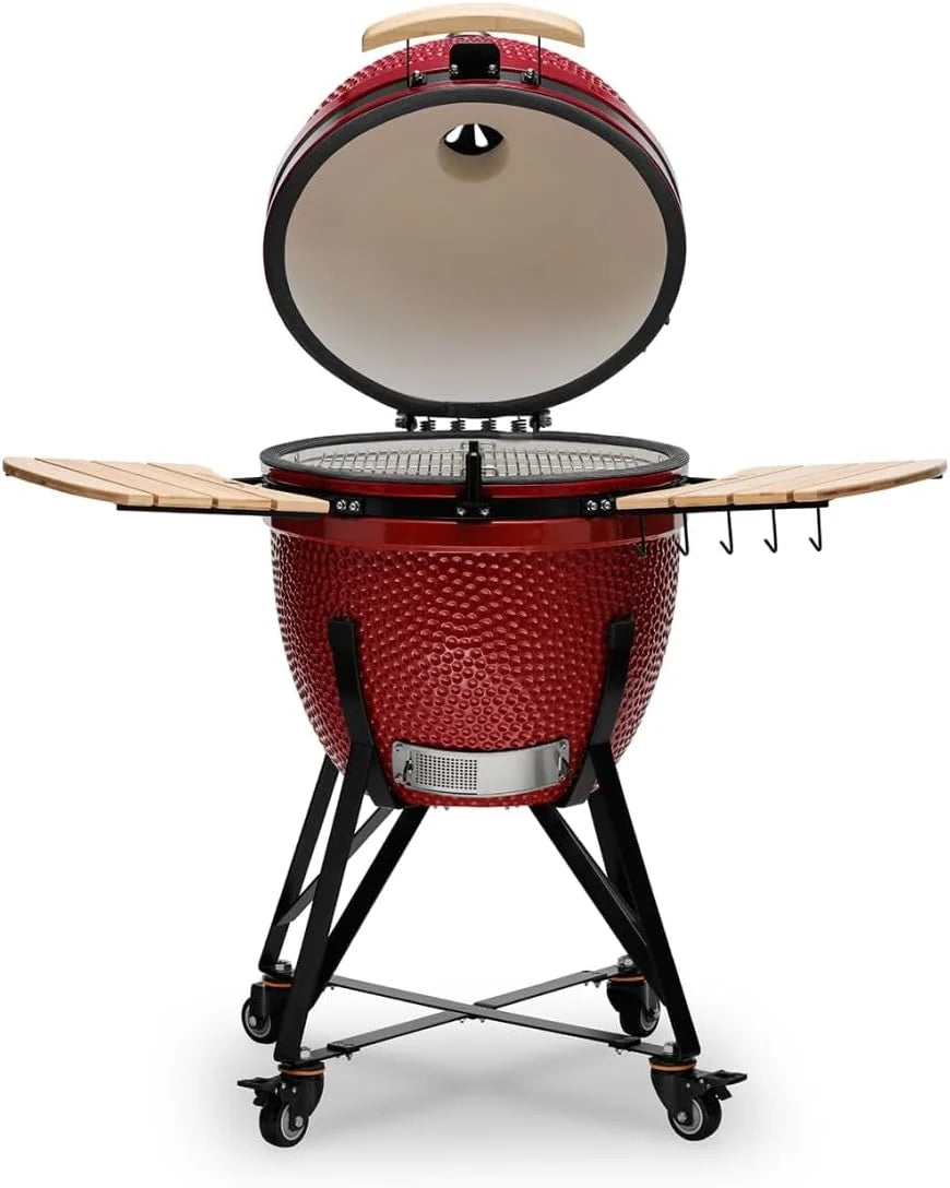 Kamado BONO BBQ - Churrasqueira Grande XXL com 10 acessórios - Ø 59 cm Churrasqueira Kamado com Acessórios - Grelhador defumador vermelho para terraço, varanda ou jardim