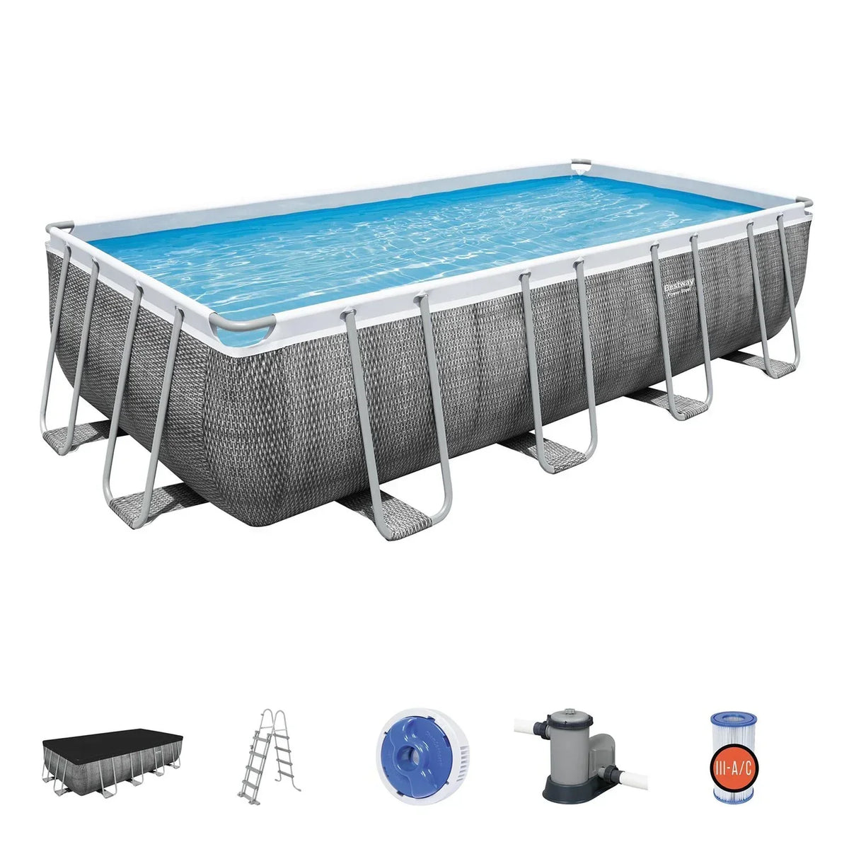 Piscina Desmontável Tubular Bestway Power Steel Ratã 549x274x122 cm com Bomba Filtrante de Cartucho 5.678 L/h, Cobertura e Escada