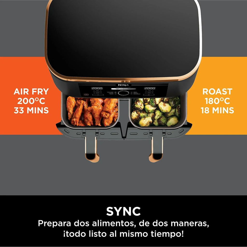 Fritadeira Ninja Foodi MAX de Compartimento Duplo, 9.6L, 6 em 1, Sem Óleo, Max Crisp, Assar, Grelhar e Mais, Pinças, 8 Porções, Cestos Antiaderentes, Cobre e Preto, AF400EUCP