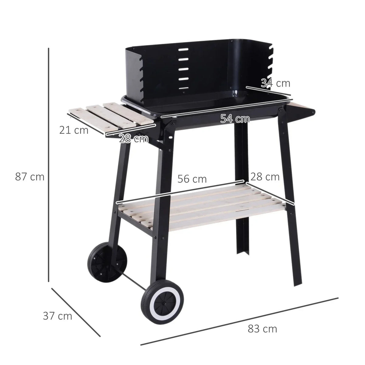 Churrasqueira a Carvão com Rodas e Prateleira Outsunny 83x37x87cm Preto