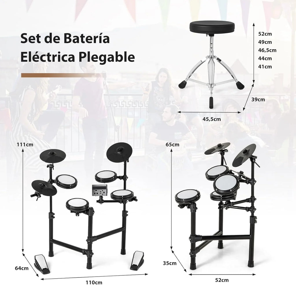 GOPLUS Bateria Eletrônica Completa Dobrável com 150 Sons, Pads de Malha, Pratos de Silicone, 10 Músicas, 9 Tipos de Metrônomo, USB Midi, 2 Pedais, 2 Baquetas, Assento Ajustável