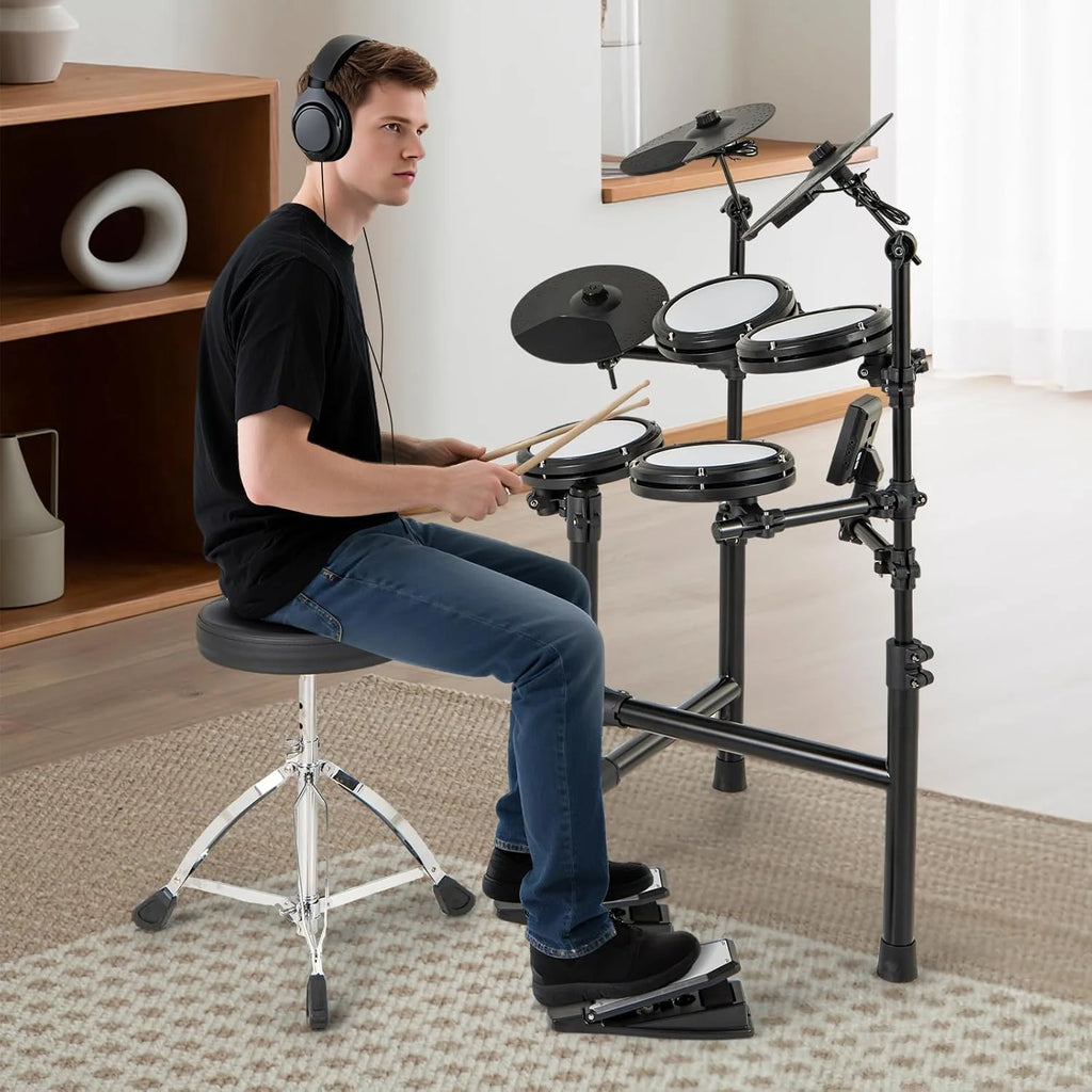 GOPLUS Bateria Eletrônica Completa Dobrável com 150 Sons, Pads de Malha, Pratos de Silicone, 10 Músicas, 9 Tipos de Metrônomo, USB Midi, 2 Pedais, 2 Baquetas, Assento Ajustável