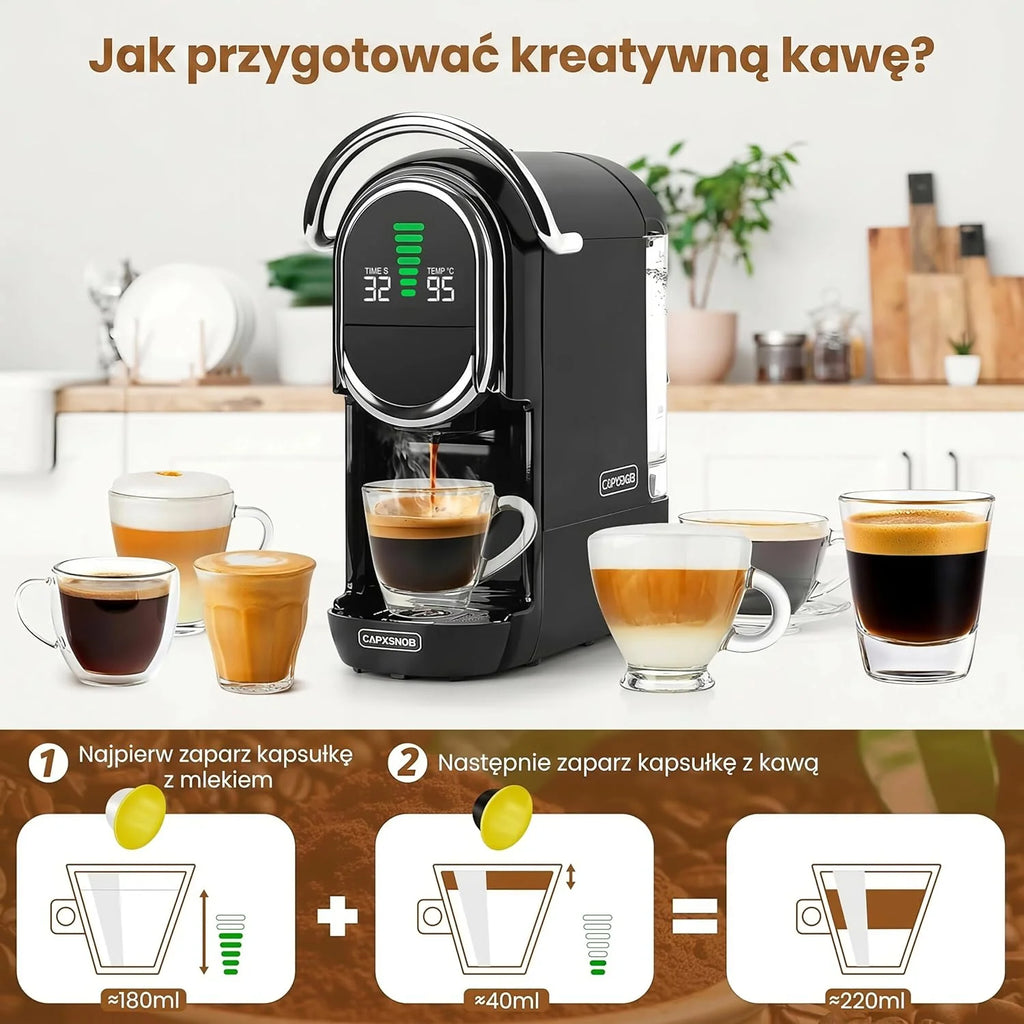 Máquina de Café Multicápsula 5 em 1 Mini Magician1, para Nespresso, Dolce Gusto, Lavazza A Modo Mio, Saquetas ESE 44mm e Café Moído, Bomba Italiana de 20 Bares, 1450W, Display LED, para Casa e Escritório