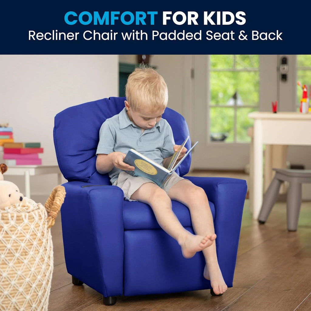 Poltrona Reclinável Infantil Contemporânea Flash Furniture com Porta-Copos, Madeira, Vinil Bege, 66,04 x 53,34 x 53,34 cm
