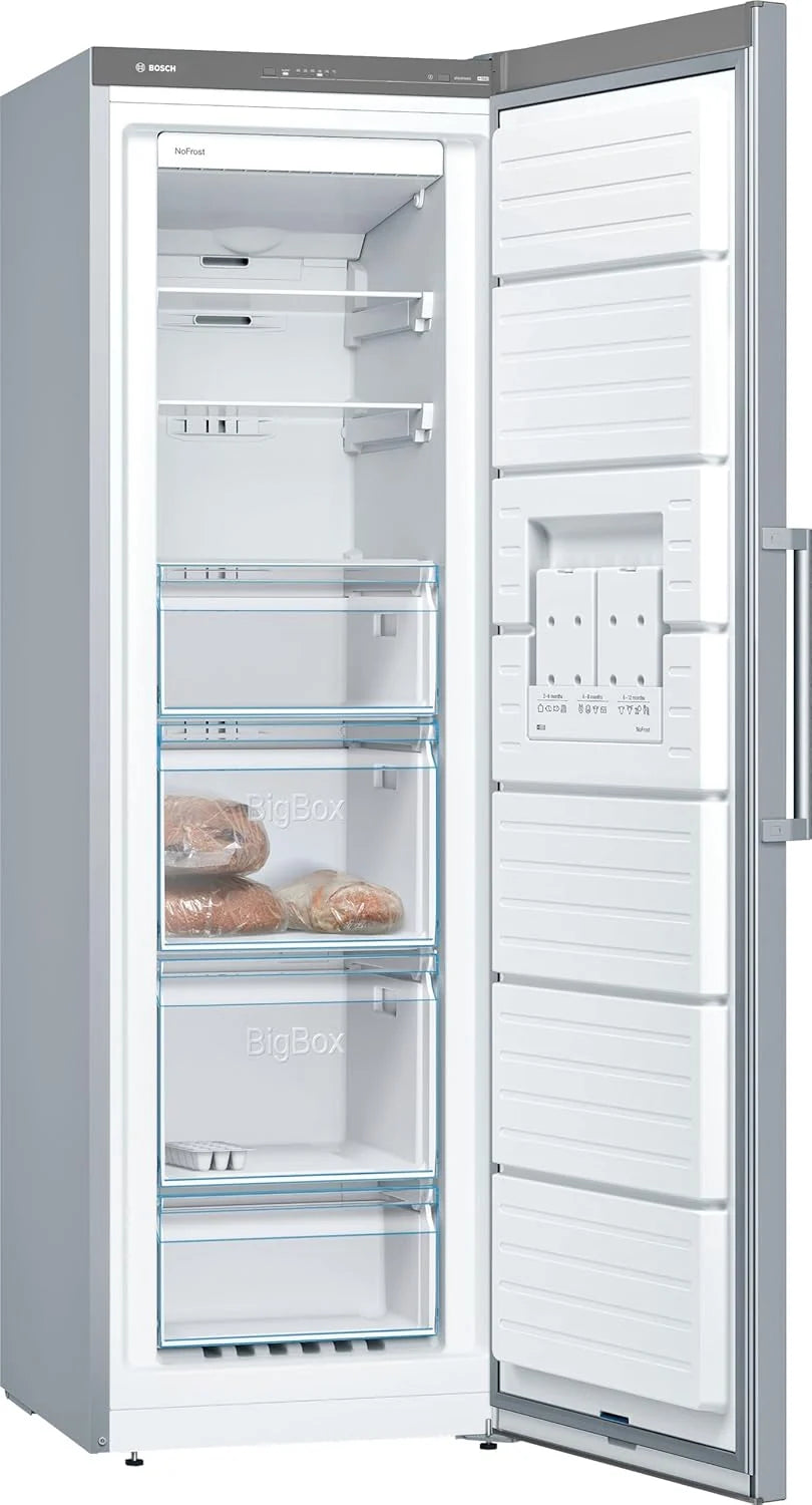 Bosch - Congelador Vertical NoFrost, Série 4, altura 186 x largura 60 cm, 242 L, Gavetas BigBox para alimentos grandes, Sistema MultiAirflow, Aço, GSN29VIEP
