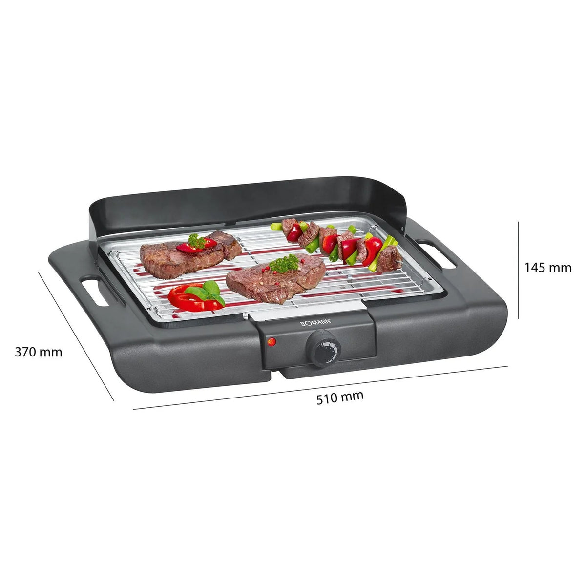 Churrasqueira Elétrica, Grelha Cromada 36 x 25 Cm, Termostato, Proteção Frontal Contra Vento, Bandeja Coletora de Gordura Preto 2000W Bomann BQ 2243 CB