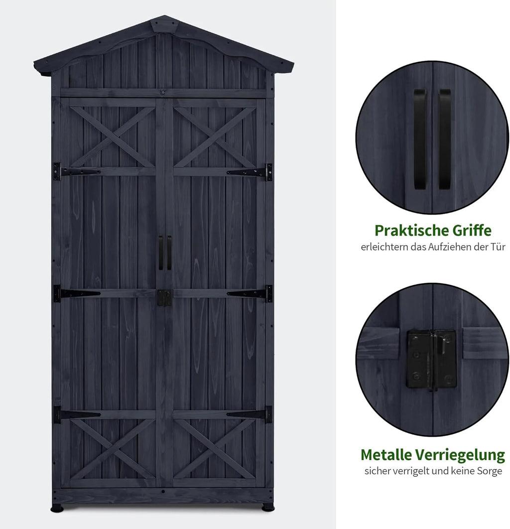 MCombo Armário de Jardim, Galpão de Madeira Resistente às Intempéries, Armário Exterior Impermeável com Chão, para Uso Externo em Varandas, 74×99×193 cm (Cinza Antracite)