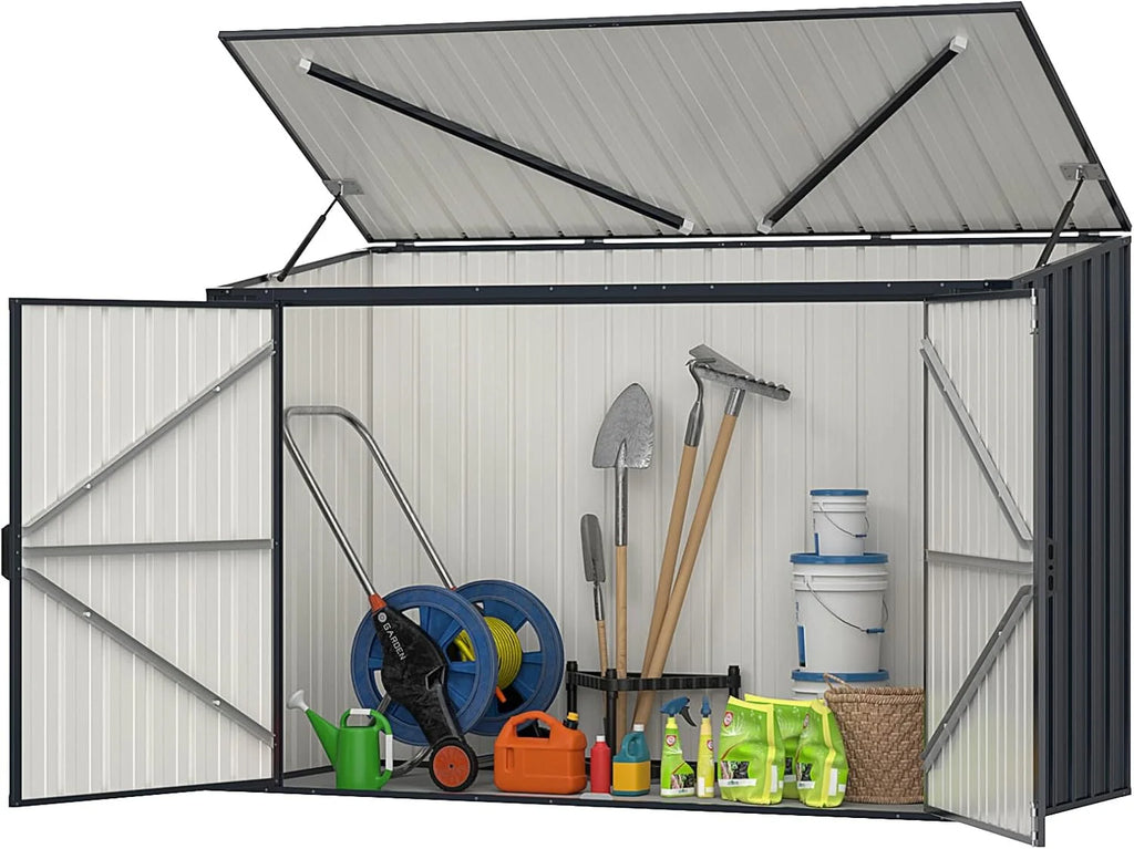 GOPLUS 1,9 m³ Abrigo de Jardim em Aço Galvanizado, 193 x 86 x 127 cm, Armário de Exterior com Porta Dupla e Fechaduras, Alavanca Hidráulica, Casa para Ferramentas, Bicicletas, Caixotes de Lixo