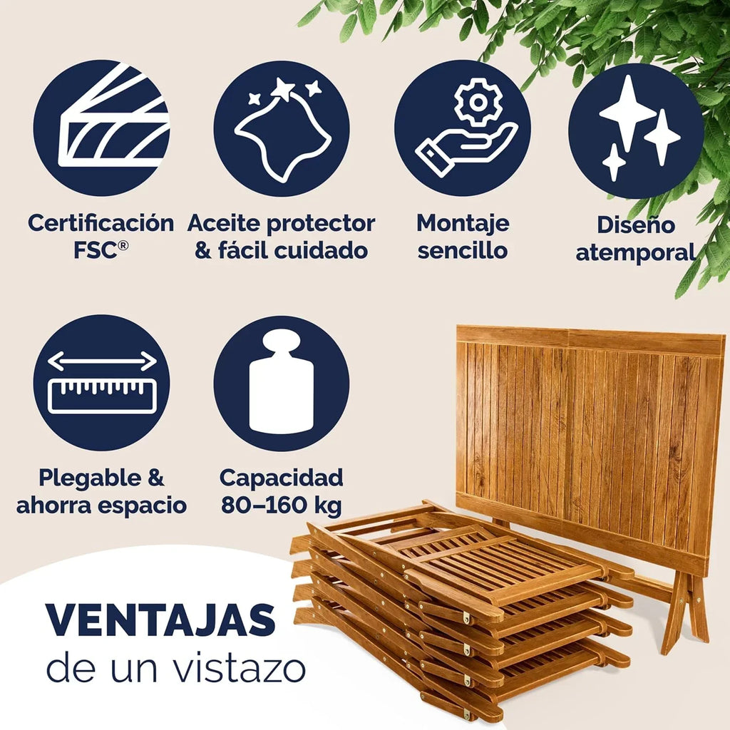 CASARIA® Conjunto de Mesa e 4 Cadeiras para Jardim Externo FSC® Madeira de Acácia Conjunto de Jantar Varanda Terraço Pátio 5 Peças Mesa Dobrável Assentos Braços Durável Resistente às Intempéries 120 x 70 cm