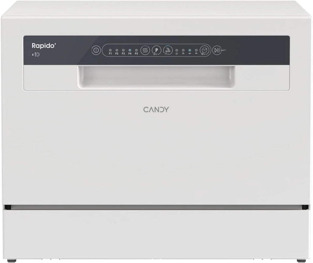 Candy CP 6E51LW Lava-Louças Pequena e Compacta, 6 Serviços, Digital, 51DBA, 5 Ciclos, Meia Carga, Início Diferido 3-6-9 horas, Indicador de Sal e Abrilhantador, Indicador de Fim de Ciclo, Branco