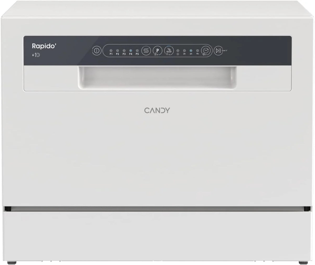 Candy CP 6E51LW Lava-Louças Pequena e Compacta, 6 Serviços, Digital, 51DBA, 5 Ciclos, Meia Carga, Início Diferido 3-6-9 horas, Indicador de Sal e Abrilhantador, Indicador de Fim de Ciclo, Branco