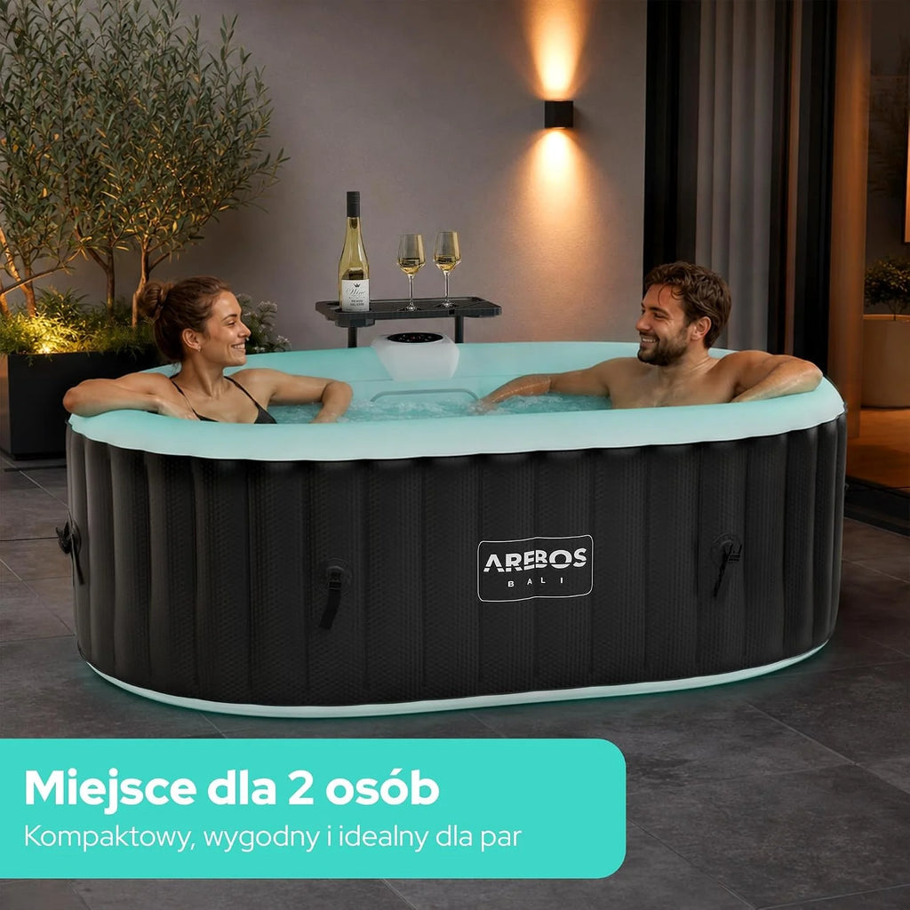 Arebos Spa Inflável com Luz LED | Inflável | Interno e Externo | Oval 190x120 cm | 2 Pessoas | 90 Jatos de Massagem | com Aquecimento | 550 Litros | Capa Inclusa | Spa de Bolhas