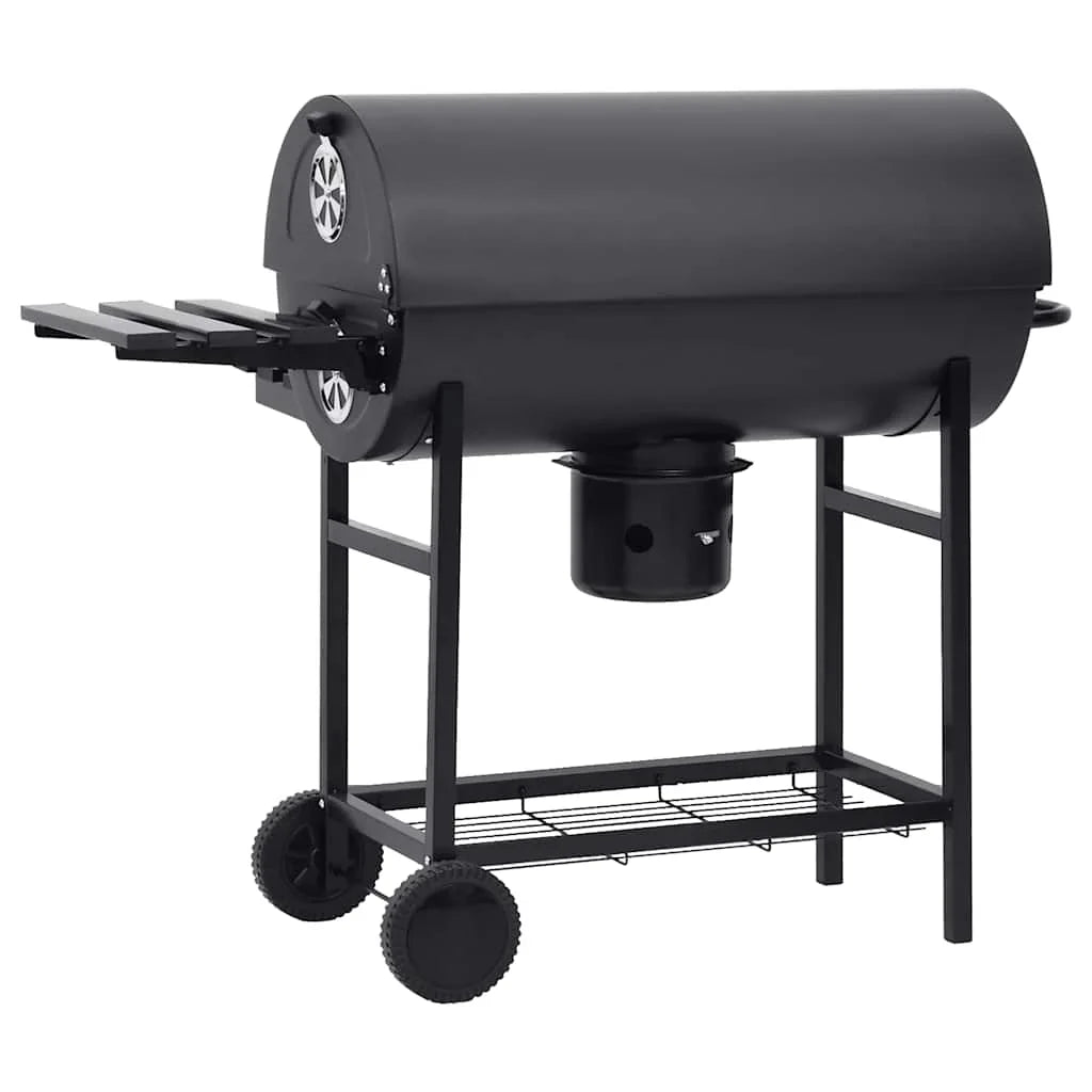 Churrasqueira preta de aço com rodas e prateleiras para exterior, 115 x 85 x 95 cm