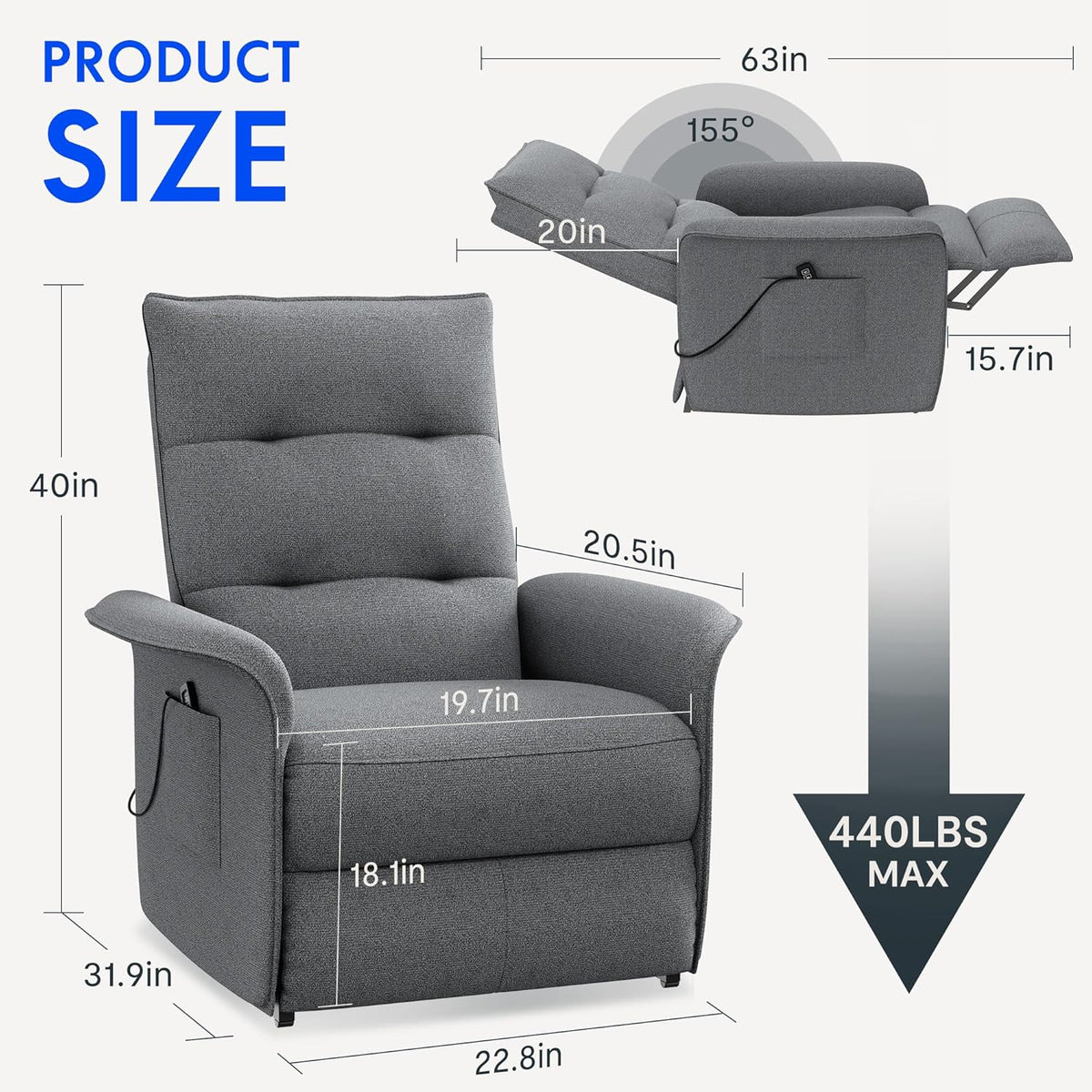 FLEXISPOT Poltrona Reclinável Elétrica com Encosto Ajustável, Reclinação de 105° a 155°, Poltrona Reclinável, Sofá Relax Ergonômico para Quarto, Sala de Estar e Home Theater (Cinza Escuro)