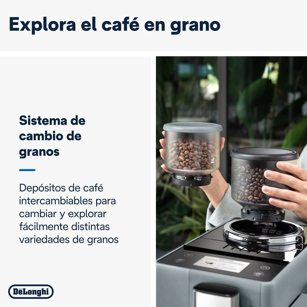 De'Longhi Rivelia EXAM440.55.G, Cafeteira Superautomática com LatteCrema Hot, Espumador de Leite Automático, Tamanho Compacto, 16 Receitas, Ecrã Tátil a Cores, Cinzento