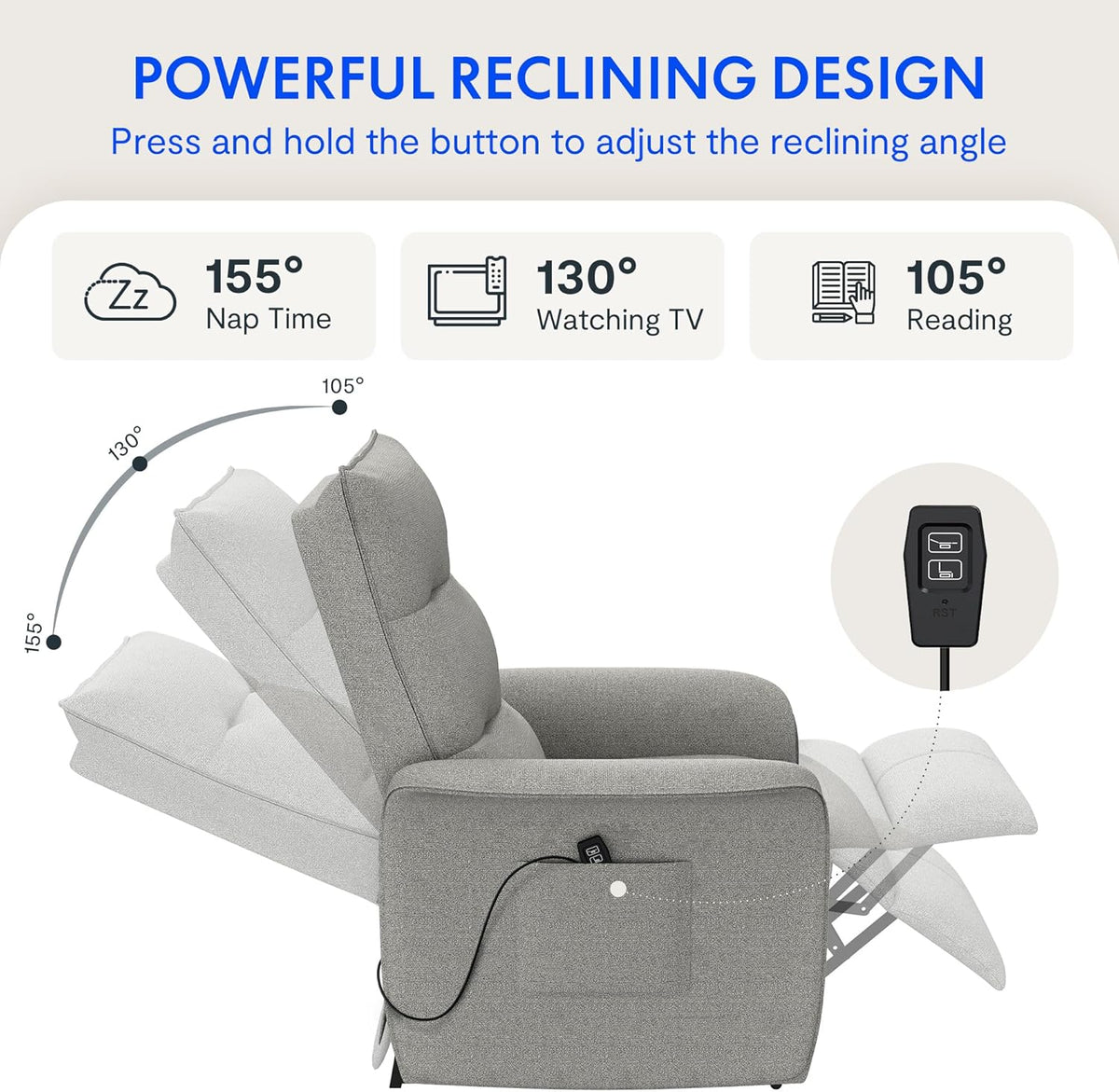 FLEXISPOT Poltrona Reclinável Elétrica com Encosto Ajustável, Reclinação de 105° a 155°, Poltrona Reclinável, Sofá Relax Ergonômico para Quarto, Sala de Estar e Home Theater (Cinza Escuro)