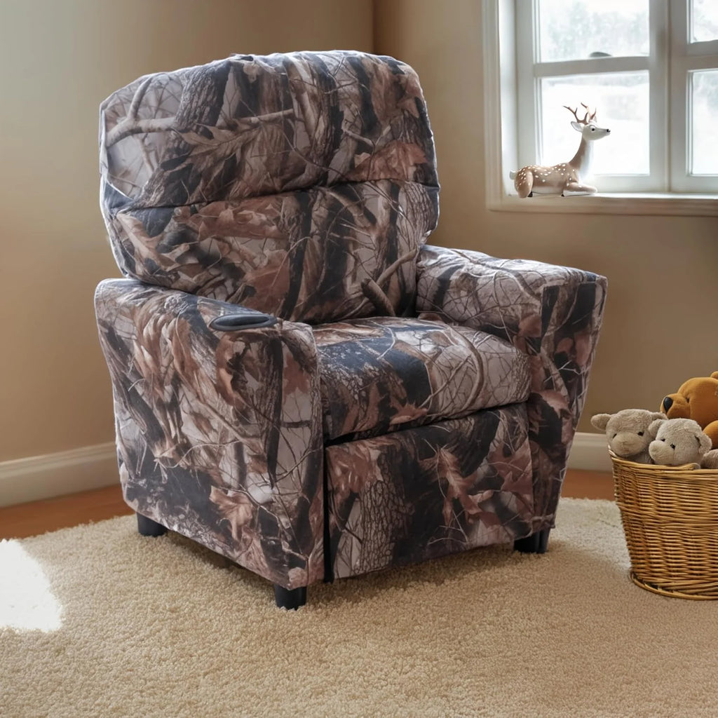 Poltrona Reclinável Infantil Contemporânea Flash Furniture com Porta-Copos, Madeira, Vinil Bege, 66,04 x 53,34 x 53,34 cm