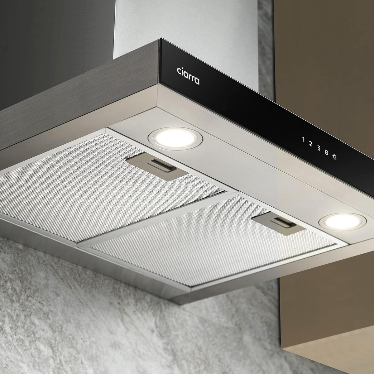 Ciarra CBCS6102 Coifa de Parede 60cm 650 m³/h - Controlo Tátil e Wifi - 4 Velocidades - Exaustão Externa e Recirculação Interna por Filtro de Carvão CBCF003 - Aço Inoxidável