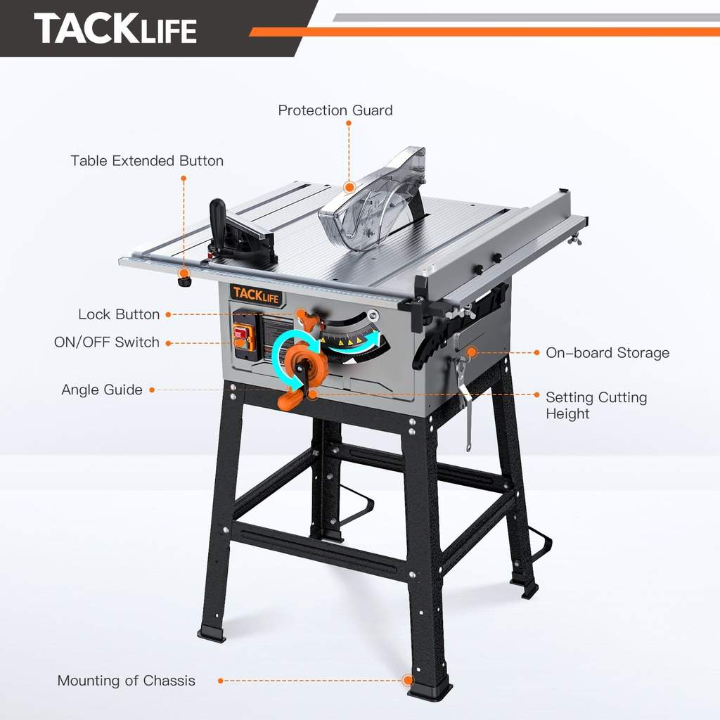 2026 Serra de mesa TACKLIFE de 10 polegadas, motor de 15 amperes, lâmina de 24 dentes, 4800 RPM, corte chanfrado de 45°, modelo MTS01A