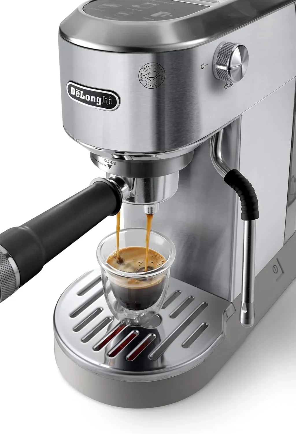De'Longhi Dedica – Cafeteira de Bomba em Aço Inoxidável para Café Moído ou Saquetas, Espresso e Cappuccino, Reservatório de 1.3 Litros, Sistema Anti-pingo, Modelo EC685.M, Cor Metal