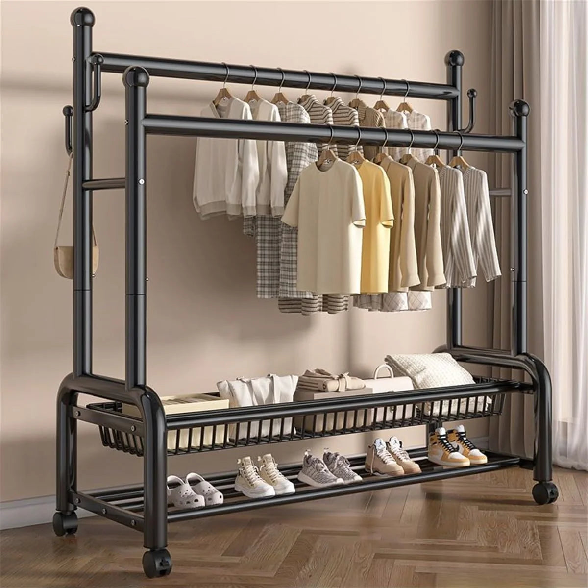Cabideiro de Metal com Rodas, Cabideiro de Aço Carbono com 2 Prateleiras e 2 Barras de Roupas, Removível