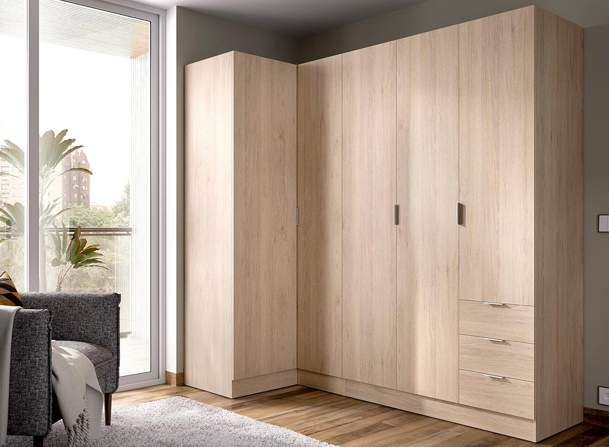 DEKIT GRUPO RIMOBEL Essen Armário de Canto com Gavetas - Carvalho Natural - 184 cm (Altura) x 91 cm (Largura) x 214 cm (Profundidade)