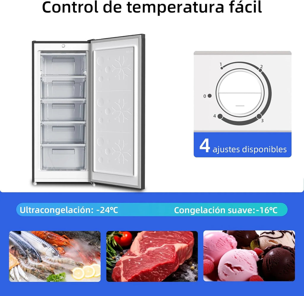 Freezer Vertical Independente CHiQ, 145L de Capacidade, Congelamento Rápido, Termostato Ajustável, Silencioso, Porta Reversível, Preto, Classificação Energética E