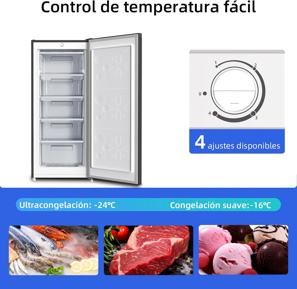 Freezer Vertical Independente CHiQ, 145L de Capacidade, Congelamento Rápido, Termostato Ajustável, Silencioso, Porta Reversível, Preto, Classificação Energética E