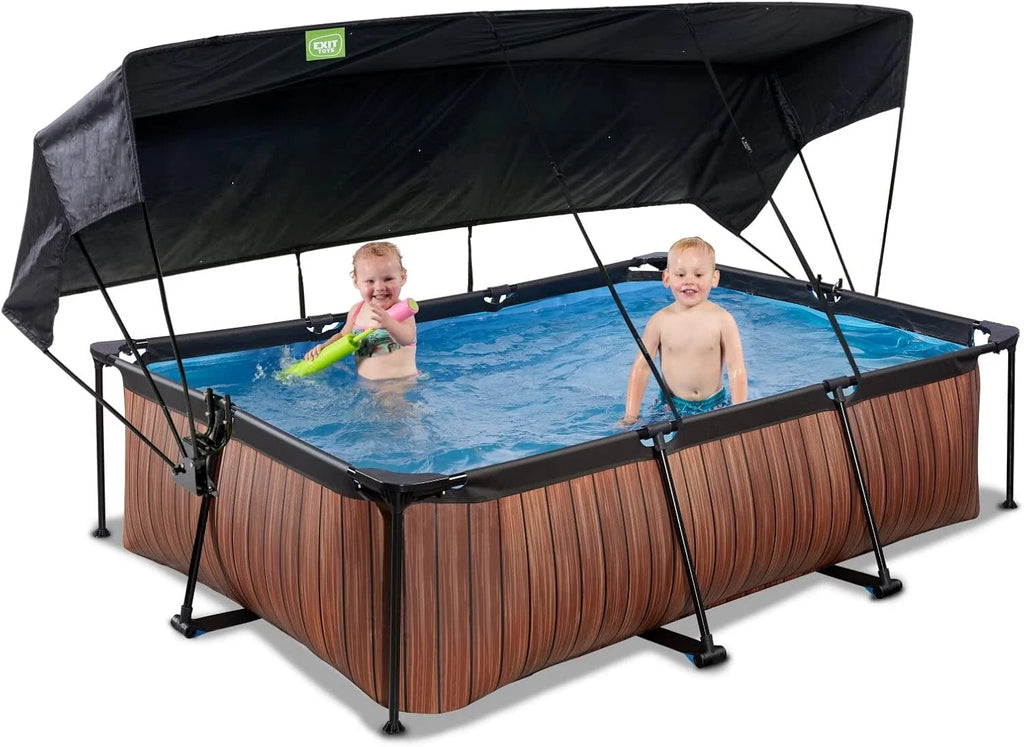 EXIT Toys Wood Pool com Toldo Solar - 220x150x65cm - Piscina de Estrutura Retangular Compacta com Bomba de Filtro de Cartucho - Proteção UV Ótima - Fácil Acesso - Design Exclusivo - Marrom