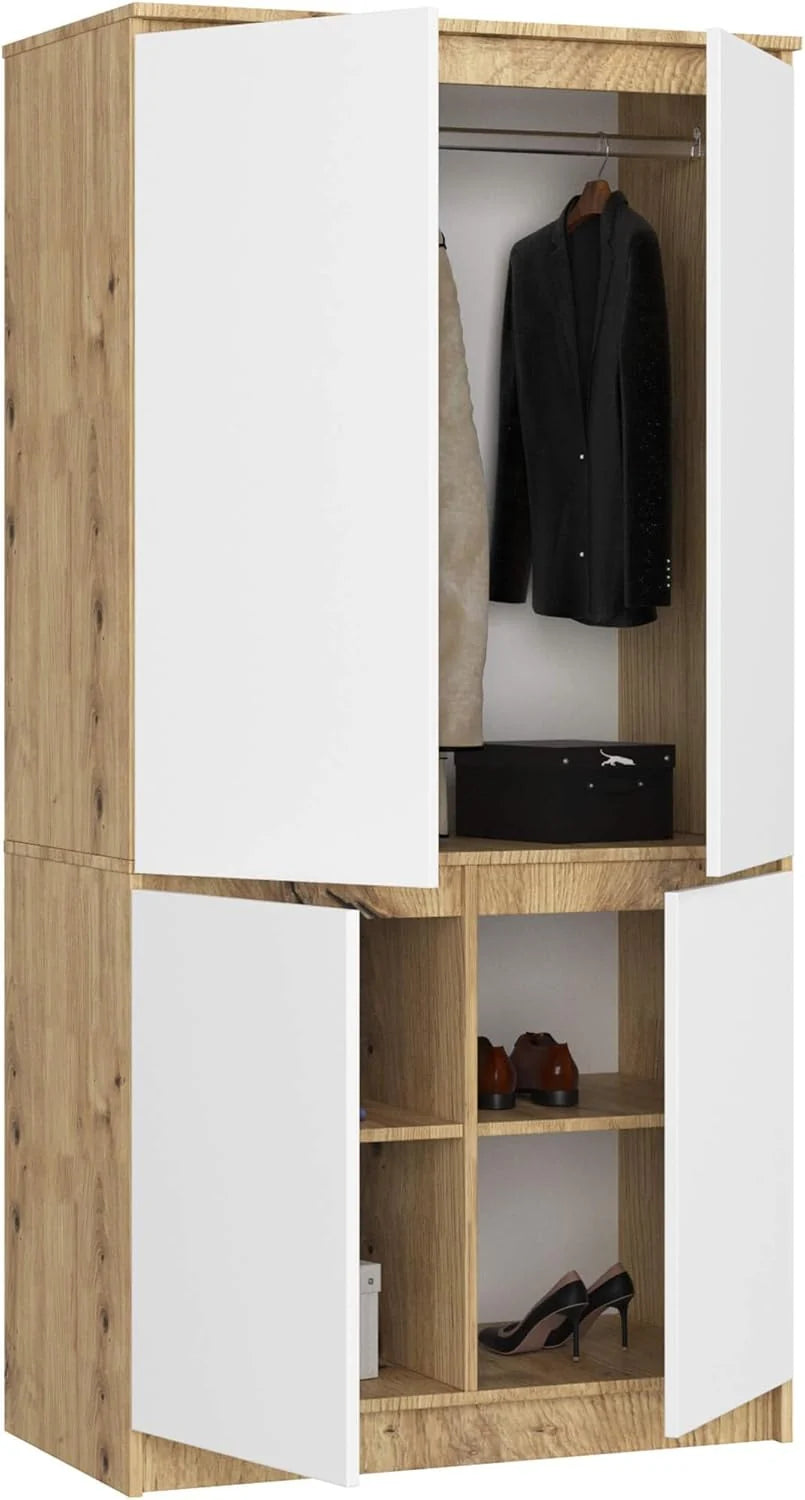 Guarda-Roupa AKORD S90 Carvalho Artesanal 90 cm 4 portas frente em branco 90x51x180 cm