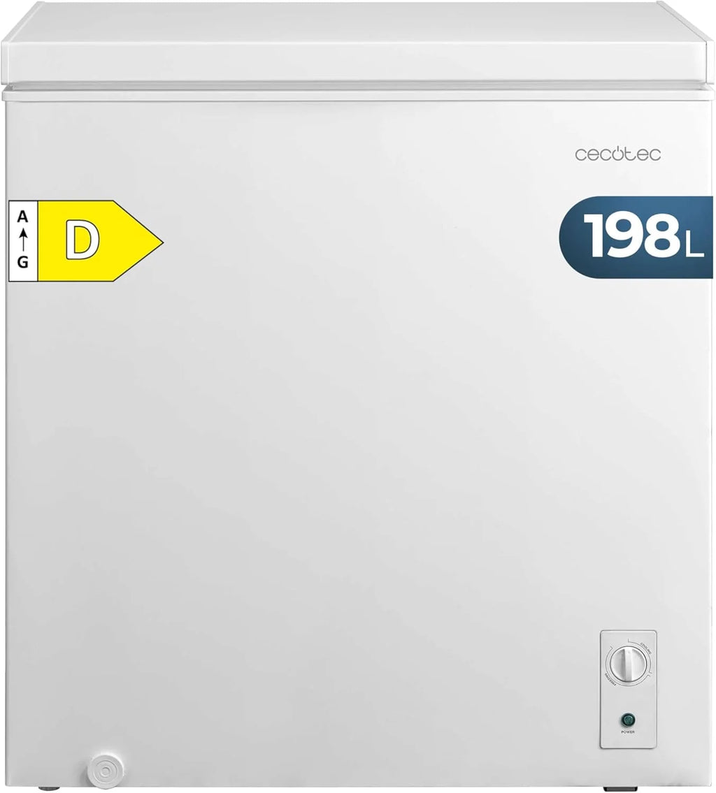 Cecotec Congelador Horizontal 198L Bolero CoolMarket Chest 198M Branco. Cesto com Alças, Controlo Mecânico LED, UltraContact D-Cool, Dupla Função, Porta ZeroG (80º-30º), Congelação Rápida, Compacto
