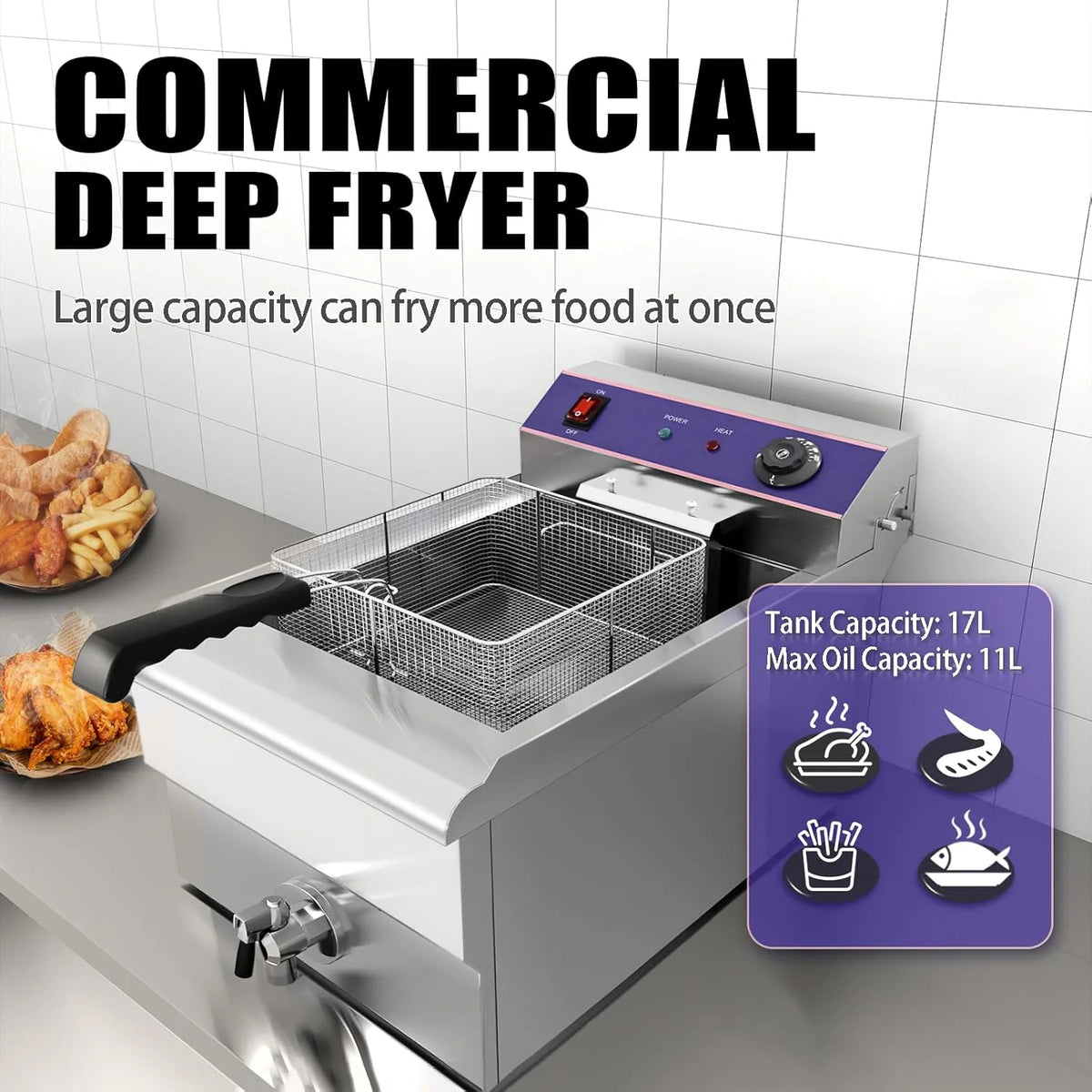 Fritadeira Elétrica Inox 16L Profissional Comercial, 3000W Aço Inoxidável Fritadeira com torneira