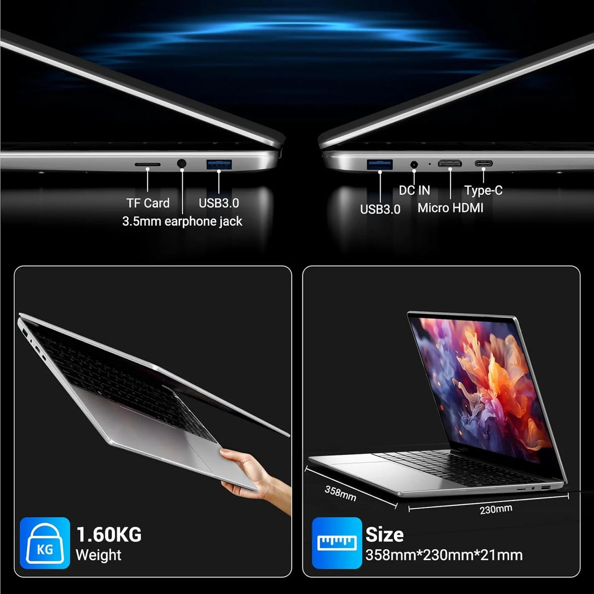 Notebook 15.6 polegadas, Win11 PC Portátil 16GB RAM 512GB SSD N95 CPU (até 3,4 GHz), Laptop IPS HD 1920 x 1080 FHD, com WiFi 5, HDMI, 2*USB 3.0, Type-C, Slot para Cartão TF