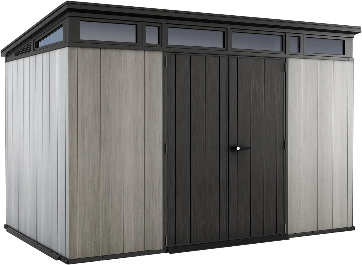 Keter Artisan Abrigo de Jardim, 11 x 7 cm, Resistente às Condições Climáticas, com Chão, Teto Inclinado, Portas Duplas e Janelas, Ideal para Armazenamento ao Ar Livre, 342 x 218 x 226 cm, 13,7 m³,