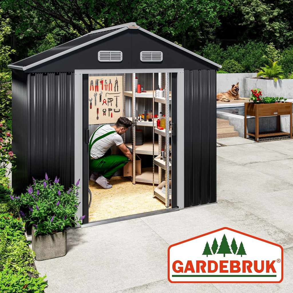 GARDEBRUK® Galpão de Jardim 2 m² 196x132x188cm Armazenamento de Metal Exterior 4m³ com Base Porta Deslizante Antracite