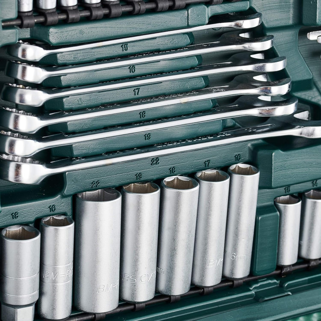Mannesmann M98430 - Maleta de soquetes e outras ferramentas (215 peças, tamanho: 12x36x51 cm), Cor Verde Mannesmann
