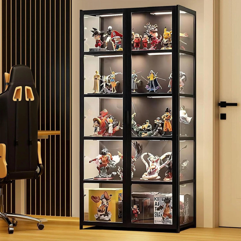 Vitrine Porta de Acrílico, Vitrine com 5 Prateleiras, Organizador de Brinquedos de Coleção, Estante de Quarto, Canto de Leitura, Crianças, Bambu (Abertura Dupla Preta)
