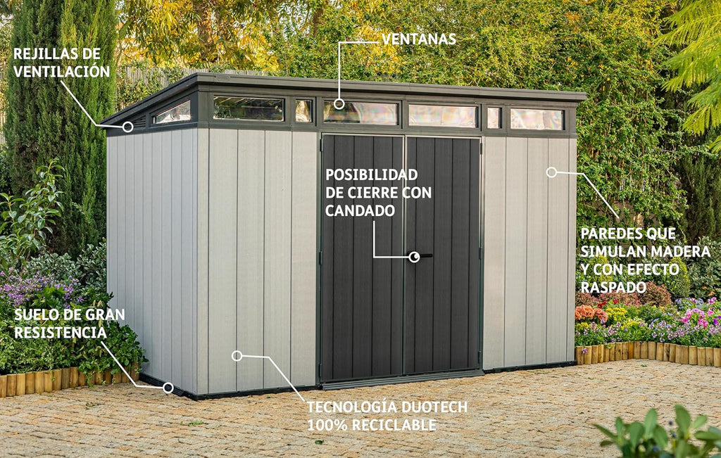 Keter Artisan Abrigo de Jardim, 11 x 7 cm, Resistente às Condições Climáticas, com Chão, Teto Inclinado, Portas Duplas e Janelas, Ideal para Armazenamento ao Ar Livre, 342 x 218 x 226 cm, 13,7 m³,