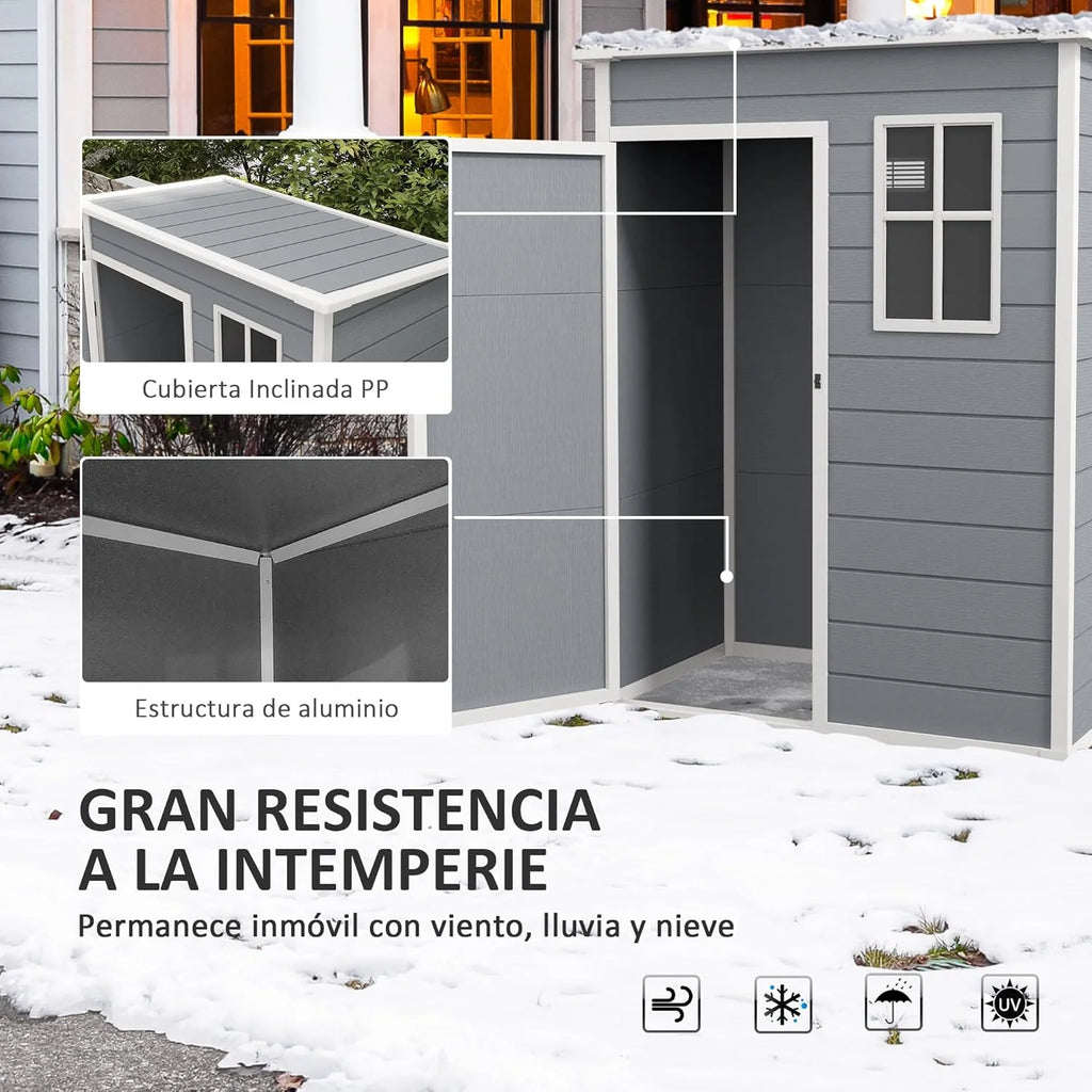 Outsunny Galpão de Jardim Exterior, 1,14 m², 151x92x193 cm, Abrigo de Jardim Exterior com Piso, Porta Deslizante, Janela e Teto Inclinado, para Armazenamento de Ferramentas, Cinzento